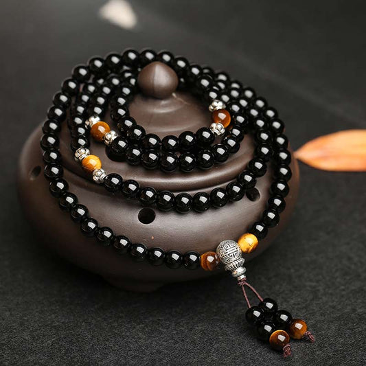 Spirituality Buddha Karma Black Obsidian Tiger Eye Blessing Mala Bracelet