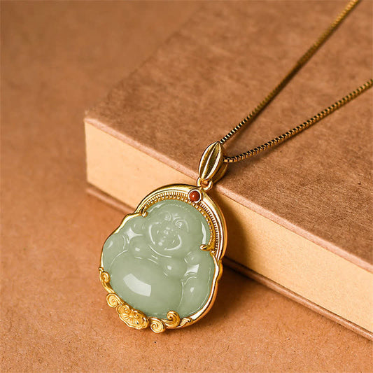 Spirituality 925 Sterling Silver Laughing Buddha Natural Hetian Jade Luck Prosperity Necklace Pendant