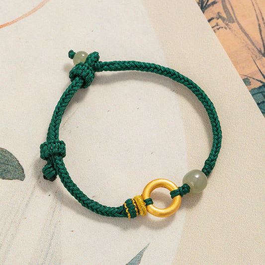 Antikes tibetisch-buddhistisches Armband mit roter Schnur, Friedensschnalle aus 999er Sterlingsilber, Hetian-Jade-Perle und grünem Seil