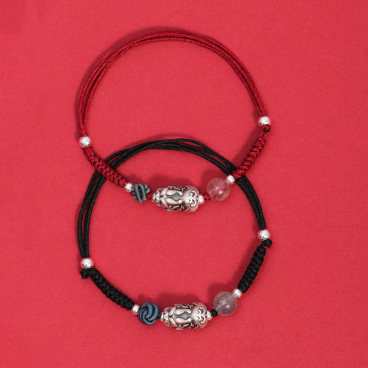 Ancient Tibetan Buddhist Red String Tradition 999 Sterling Silver PiXiu Strawberry Quartz Bead Wealth Luck Braided Bracelet