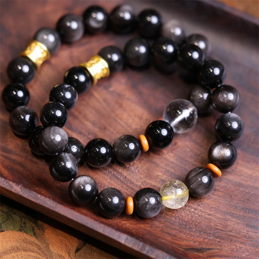 Spiritualität Buddha Karma Natürlicher Silberglanz Obsidian Kristall Om Mani Padme Hum Perlen Schutzarmband