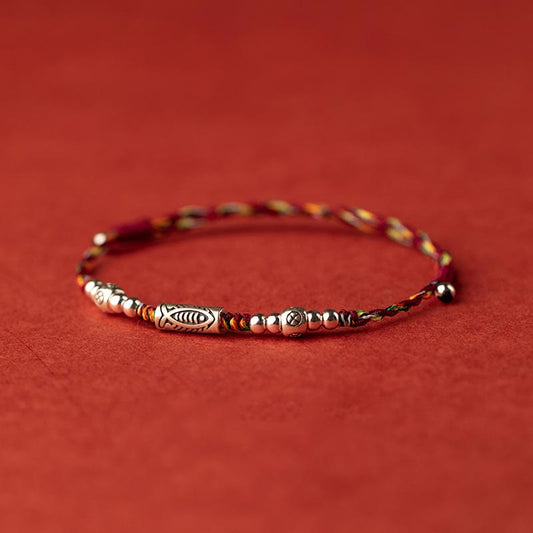 Antike tibetisch-buddhistische Tradition: Armband/Fußkettchen aus 925er Sterlingsilber mit Koi-Symbol und geflochtenem Muster
