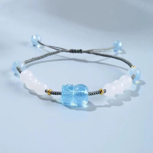 Ancient Tibetan Buddhist Red String Tradition Natural Aquamarine PiXiu Hetian White Jade Healing Bracelet
