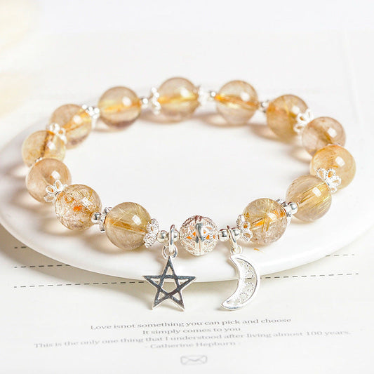 Armband mit goldenem Citrin-Anhänger aus 925er Sterlingsilber, Symbol für natürlichen Reichtum, Solarplexus-Chakra (drittes Chakra), Glück und Mond-Stern
