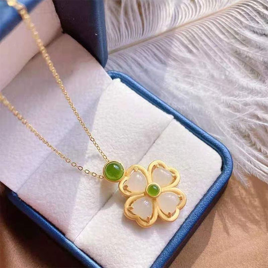 Jade 925 Sterling Silver Lucky Four Leaf Clover Jade Prosperity Necklace Chain Pendant