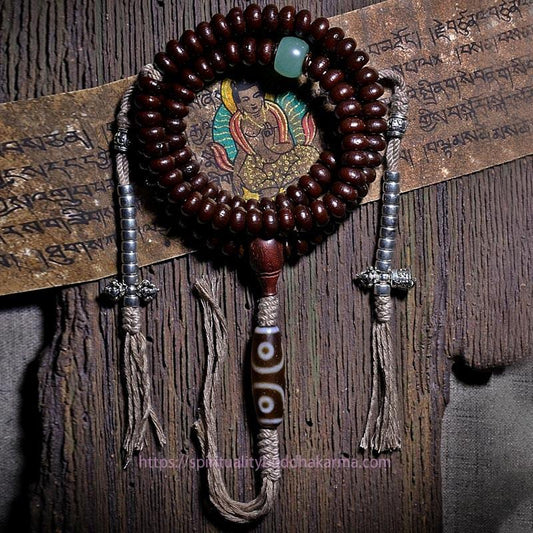 Spiritualität Buddha Karma Natürliches Tibet 108 Mala-Perlen Lila Bodhi-Samen Dreiäugige Dzi-Perle Kupfer Dorje Harmonie-Armband