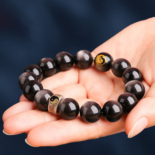 Spiritualität Buddha Karma 925 Sterling Silber Schwarzer Obsidian Goldglänzender Obsidian Silberglänzender Obsidian Yin Yang Schutzarmband