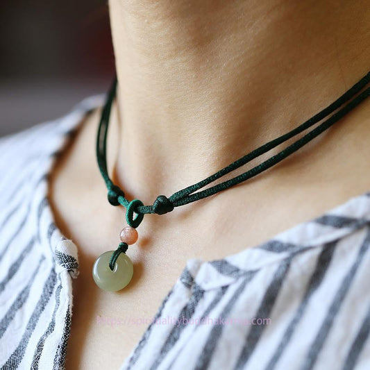 Jade Natural Round Jade Peace Buckle Lotus Abundance String Necklace Pendant