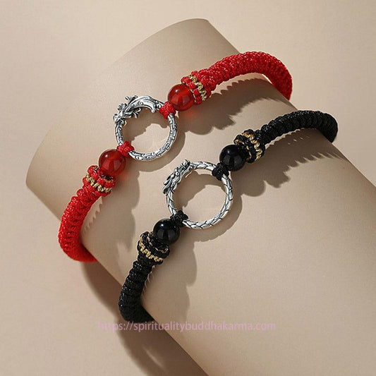 Antikes tibetisch-buddhistisches Armband mit roter Schnur, handgefertigt aus 925er Sterlingsilber, mit dem Symbol des Jahres des Drachen und des Phönix, Friedensschnalle, Glücksbringer für Paare