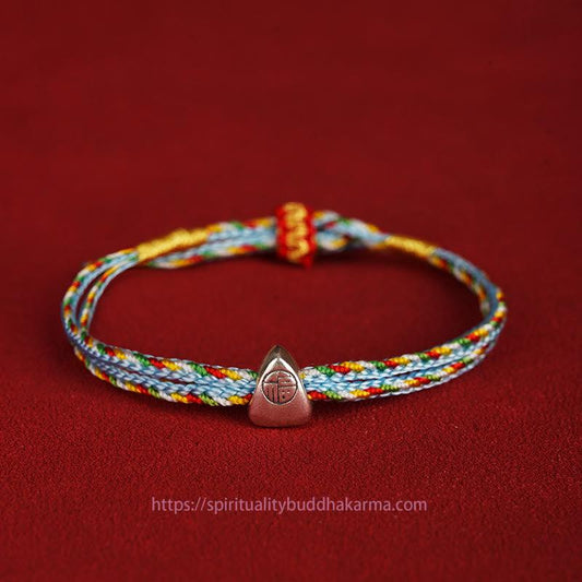 Tibetisches Knoten-Schutzarmband aus 925er Sterlingsilber mit Fu-Symbol und mehrfarbigem Seilmotiv