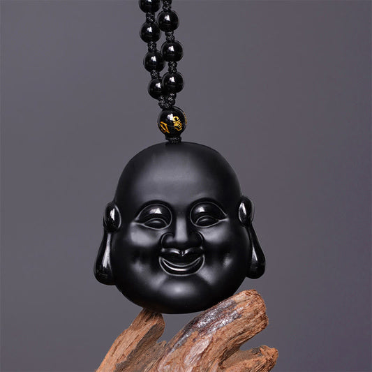 Spiritualität Buddha Karma Natürlicher Schwarzer Obsidian Lachender Buddha Halskette Anhänger zur Reinigung