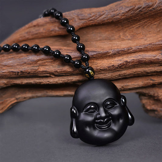 Halskettenanhänger „Lachender Buddha“ aus schwarzem Obsidian – Symbol für Glück und Wohlstand