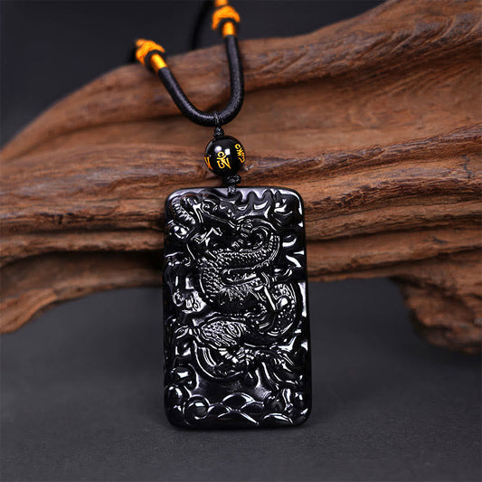 Spiritualität Buddha Karma Natürlicher schwarzer Obsidian Rechteckiger Drache graviert Erfolgshalskette Anhänger