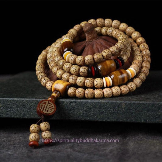 Spiritualität Buddha Karma 108 Mala-Perlen Bodhi-Samen Tigerauge Fu-Zeichen Friedensarmband