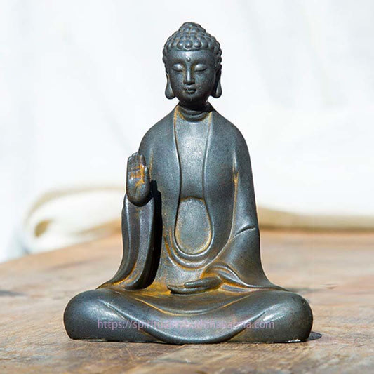 Spirituelle, handgefertigte Meditations-Statue von Sakyamuni Buddha aus Eisenpulver-Rostguss-Harz