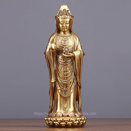Spiritualität Kwan Yin Avalokitesvara, der das Dharma-Rad hält, Reichtum Messing Kupfer Statue Dekoration