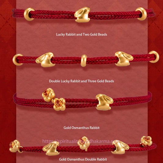 Tibetisches Knoten-Schutzarmband aus 999er Gold mit kleinem Glückshasen- und Osmanthusblütenmotiv, handgefertigtes Glücksarmband aus geflochtenem Seil.