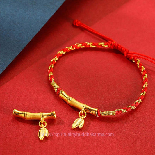 Tibetisches Knoten-Schutzarmband aus 999er Gold mit Bambusblatt-Design, handgefertigt, geflochtenes Seil