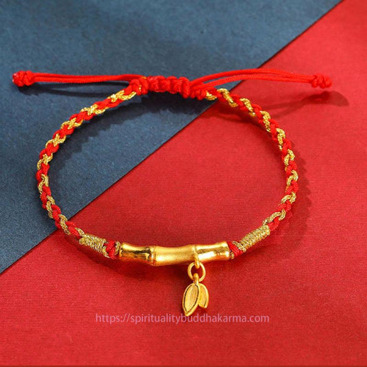 Tibetisches Knoten-Schutzarmband aus 999er Gold mit Bambusblatt-Design, handgefertigt, geflochtenes Seil
