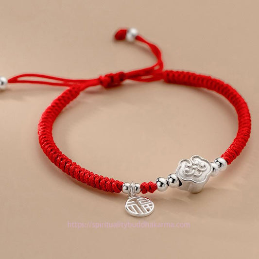 Tibetisches Knoten-Schutzarmband aus 925er Sterlingsilber mit Fu-Symbol, Glück bringenden Wolken und geflochtenem Seil