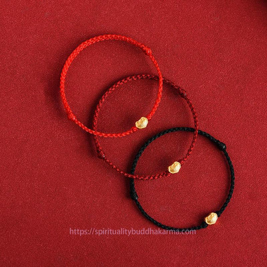Tibetischer Knoten-Schutz, handgefertigtes Seilarmband aus 999er Gold mit chinesischem Schloss-Anhänger und Fu-Zeichen zum Schutz