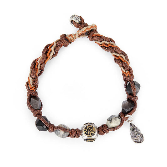 Spirituality Buddha Karma Retro 925 Sterling Silver Silver Sheen Obsidian Transport Rope Handmade Braided Bracelet
