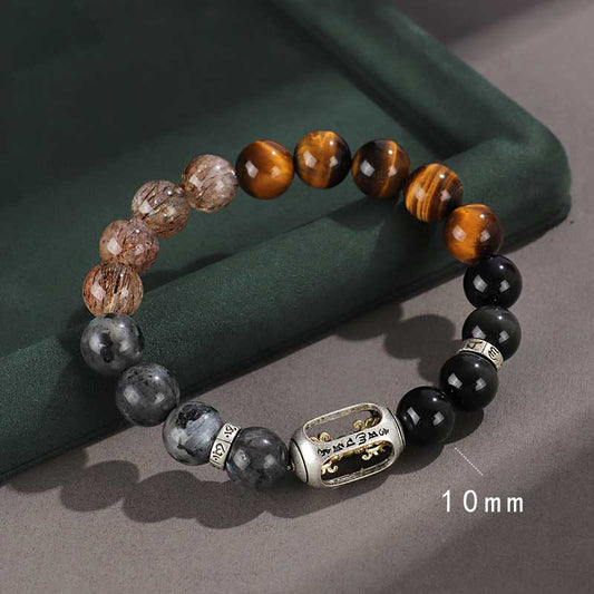Spiritualität Buddha Karma Armband aus 925er Sterlingsilber, schwarzem Onyx, goldglänzendem Obsidian, Lavagestein und Tigerauge – Armband für Wohlstand und Schutz der sechs wahren Worte