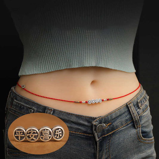 Tibetischer Knoten, Schutz, 999 Sterling Silber, Segenskette, roter Faden, Bauchnabelkette