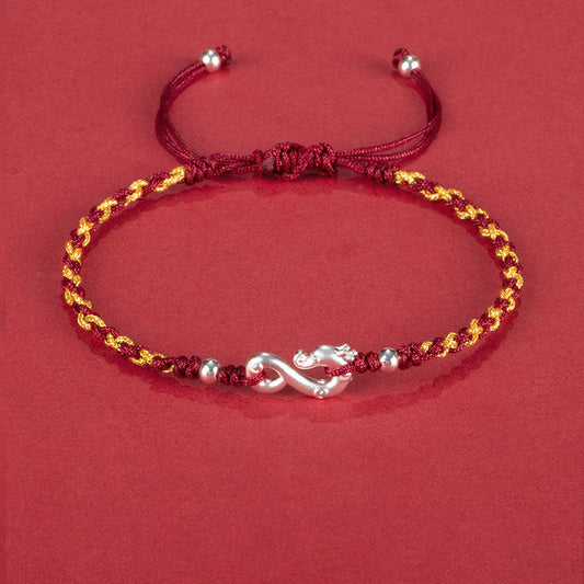 Altes tibetisch-buddhistisches Armband aus 999er Sterlingsilber mit roter Schnur – geflochtenes Armband zum Schutz vor dem Jahr des Drachen