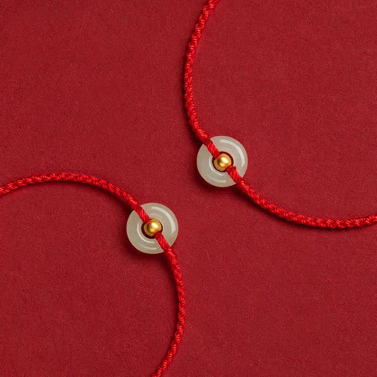 Jade 999 Gold Bead Round Peace Buckle Hetian Jade Luck Abundance Braided Bracelet Anklet