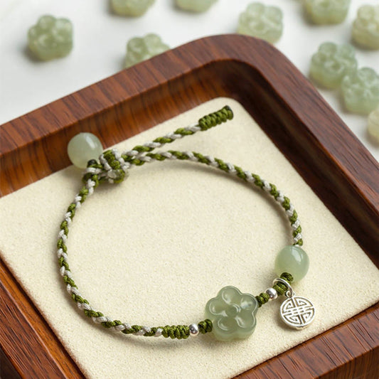 Jade Handmade Plum Blossom Flower Jade Luck Prosperity Braided Bracelet