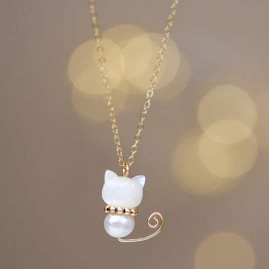 Jade 14K Gold Plated Pearl Hetian Jade Shell Luck Cat Kitten Necklace Pendant