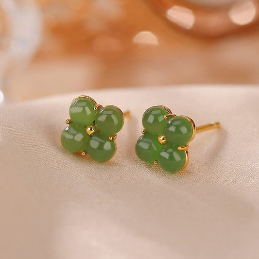 Jade 925 Sterling Silver Plated Gold Natural Cyan Jade Four Leaf Clover Luck Stud Earrings