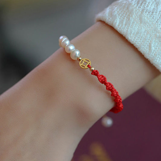 Ancient Tibetan Buddhist Red String Tradition 14K Gold Plated Pearl Bead Luck Protection Braid Red String Bracelet