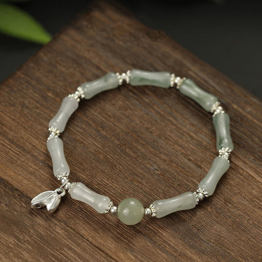 Jade 925 Sterling Silver Natural Tianshan Jade Bamboo Charm Luck Bracelet