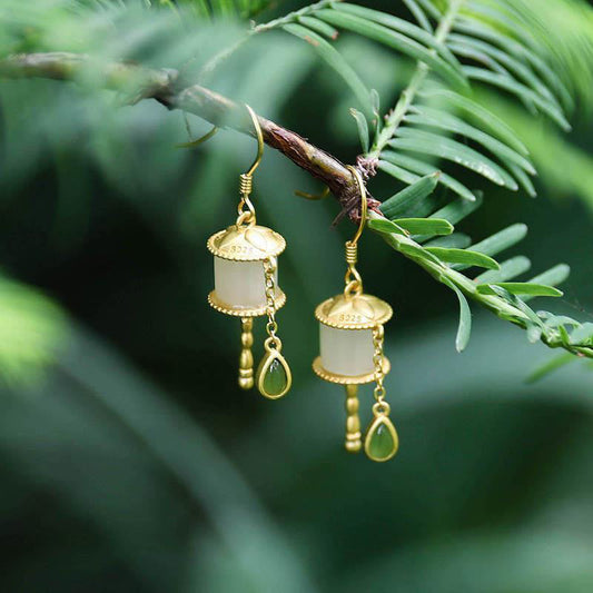 Jade 925 Sterling Silver Jade Prayer Wheel Luck Drop Earrings