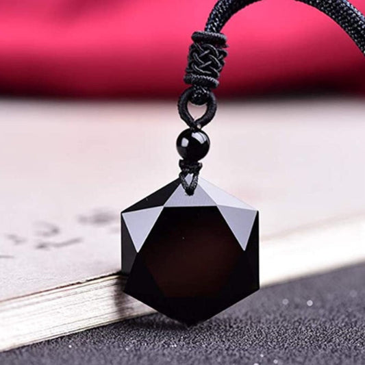 Black Obsidian Hexagram Pendant : Spiritual Protection with Tibetan Knot and Prayer Wheel Design