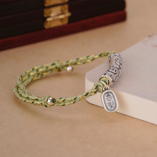 Antikes tibetisch-buddhistisches Armband mit roter Schnur, 999 Sterlingsilber, Fu-Zeichen, Kupfermünzen-Design, Glücksarmband