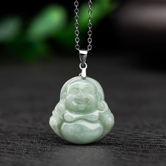 Jade 925 Sterling Silver Laughing Buddha Jade Blessing Necklace Chain Pendant