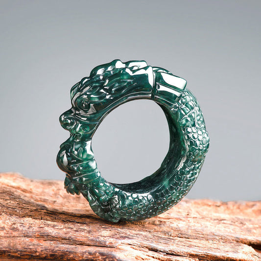 Jade Natural Cyan Jade Dragon Carved Success Ring