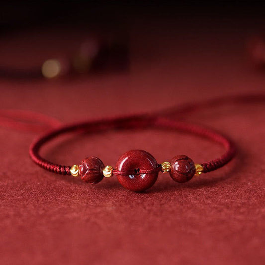 Ancient Tibetan Buddhist Red String Tradition Handmade Lotus Cinnabar Peace Buckle Blessing Braid Bracelet