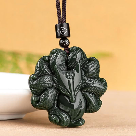 Jade Hetian Cyan Jade Nine Tailed Fox Luck Necklace String Pendant