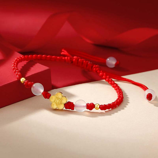 Antikes tibetisch-buddhistisches Armband aus rotem Seil, handgefertigt aus 925er Sterlingsilber mit Pfirsichblüten-, Kirschblüten- und Chalcedonperlen.