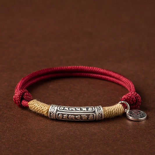 Antikes tibetisch-buddhistisches Armband mit roter Schnur, handgefertigt aus 999er Sterlingsilber, Om Mani Padme Hum Fu-Zeichen, Glückssymbol.