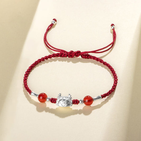 Ancient Tibetan Buddhist Red String Tradition 999 Sterling Silver Year of the Dragon Fu Character Dumpling Red Agate Luck Handcrafted Bracelet