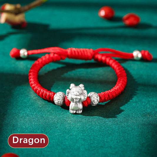 Antikes tibetisch-buddhistisches Armband mit roter Schnur aus 999er Sterlingsilber, handgefertigt für Kinder, Glückssymbol mit rotem Seil und chinesischem Tierkreiszeichen