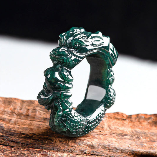 Jade Natural Cyan Jade Dragon Carved Success Ring