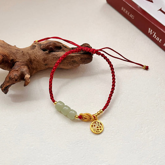 Ancient Tibetan Buddhist Red String Tradition Handcrafted Jade Bead Fu Character Charm Luck Red Rope Bracelet