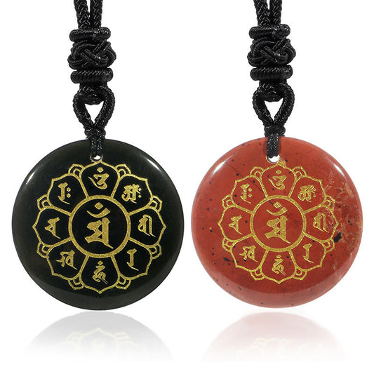 Spiritualität Buddha Karma Om Mani Padme Hum Natürliche verschiedene Kristalle Schwarzer Obsidian Stärke Halskette Anhänger