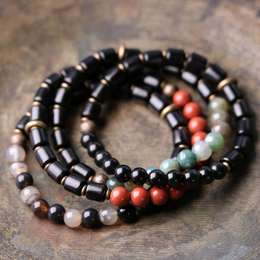 Spiritualität Buddha Karma Ebenholz Roter Jaspis Moos Achat Kristall Kupfer Frieden Paararmband